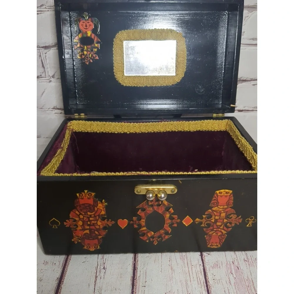 VTG 1960s 1970s Wooden Purse Decoupage Face Cards Box Plastic  Handle